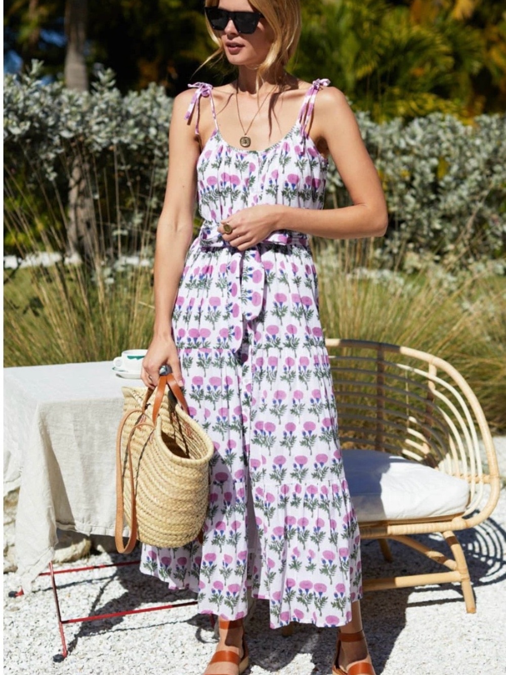 Emerson Fry India Collection Floral Block Print Tie Strap Midi Dress M/L